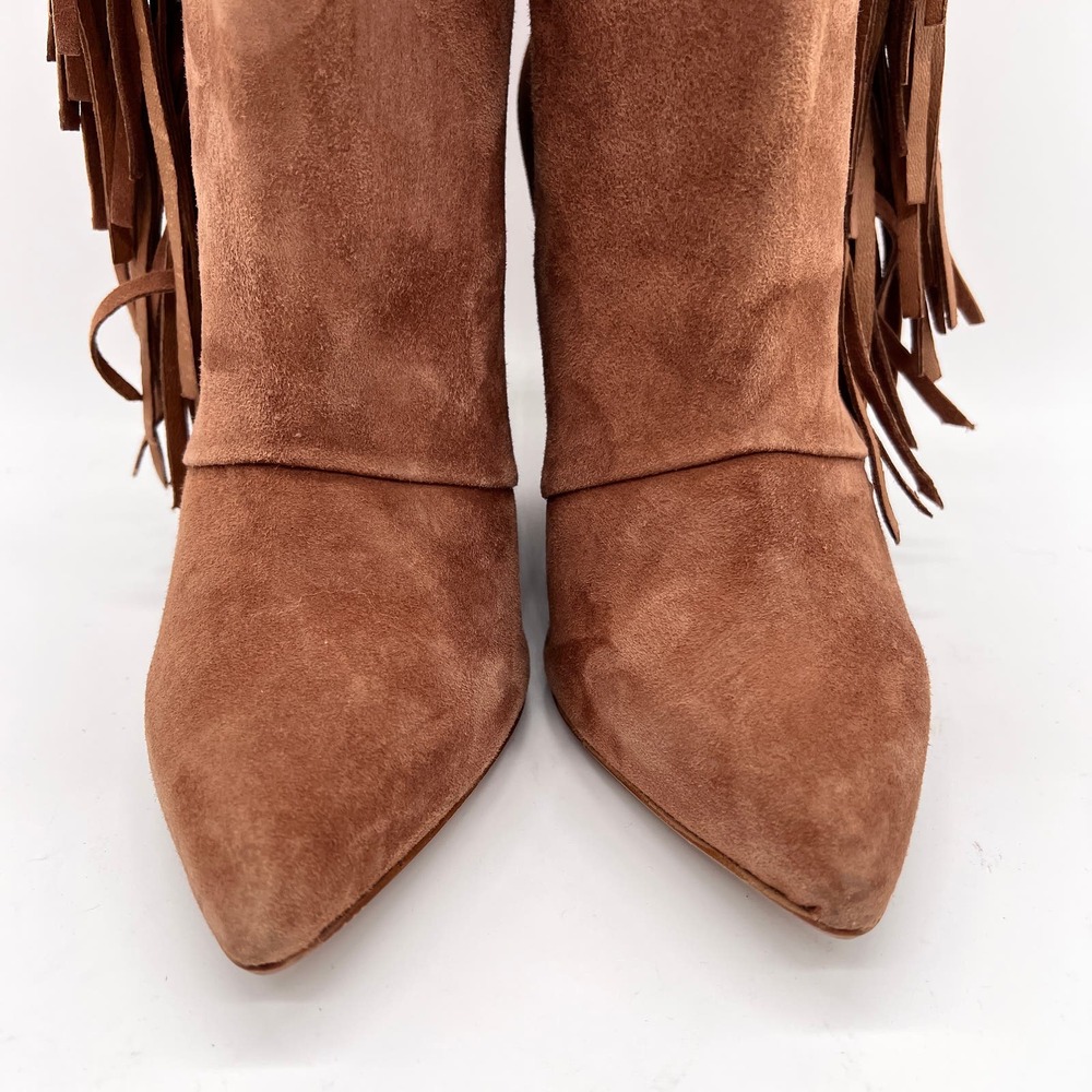 MARABELLE Suede Fringe Wedge Boot Womens 38 Brown Knee High Pointy Toe Pull On - Picture 2 of 16